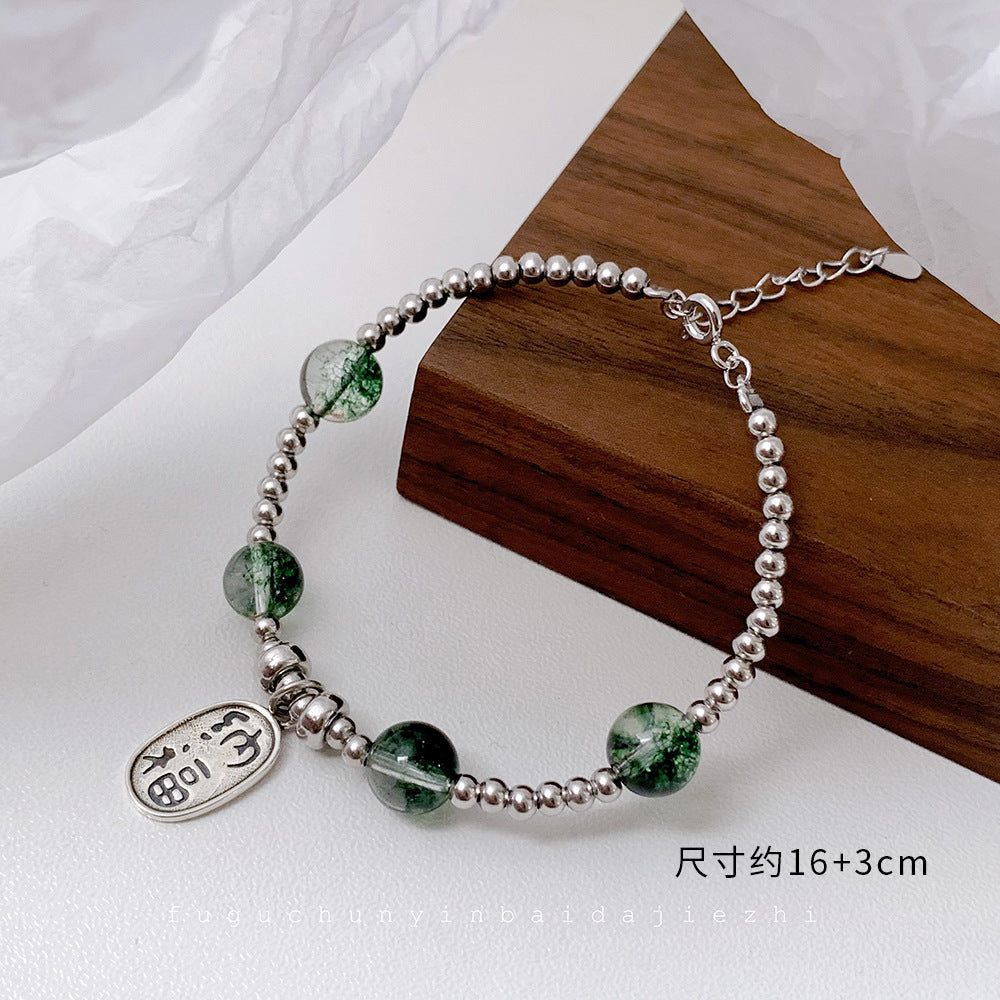 Korean Style Wealth-Attracting Green Phantom Bracelet for Women 925 Sterling Silver Green Crystal Bell Lucky Bead Elegant Bracelet Gift