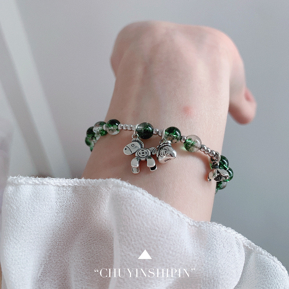 Korean Style Wealth-Attracting Green Phantom Bracelet for Women 925 Sterling Silver Green Crystal Bell Lucky Bead Elegant Bracelet Gift