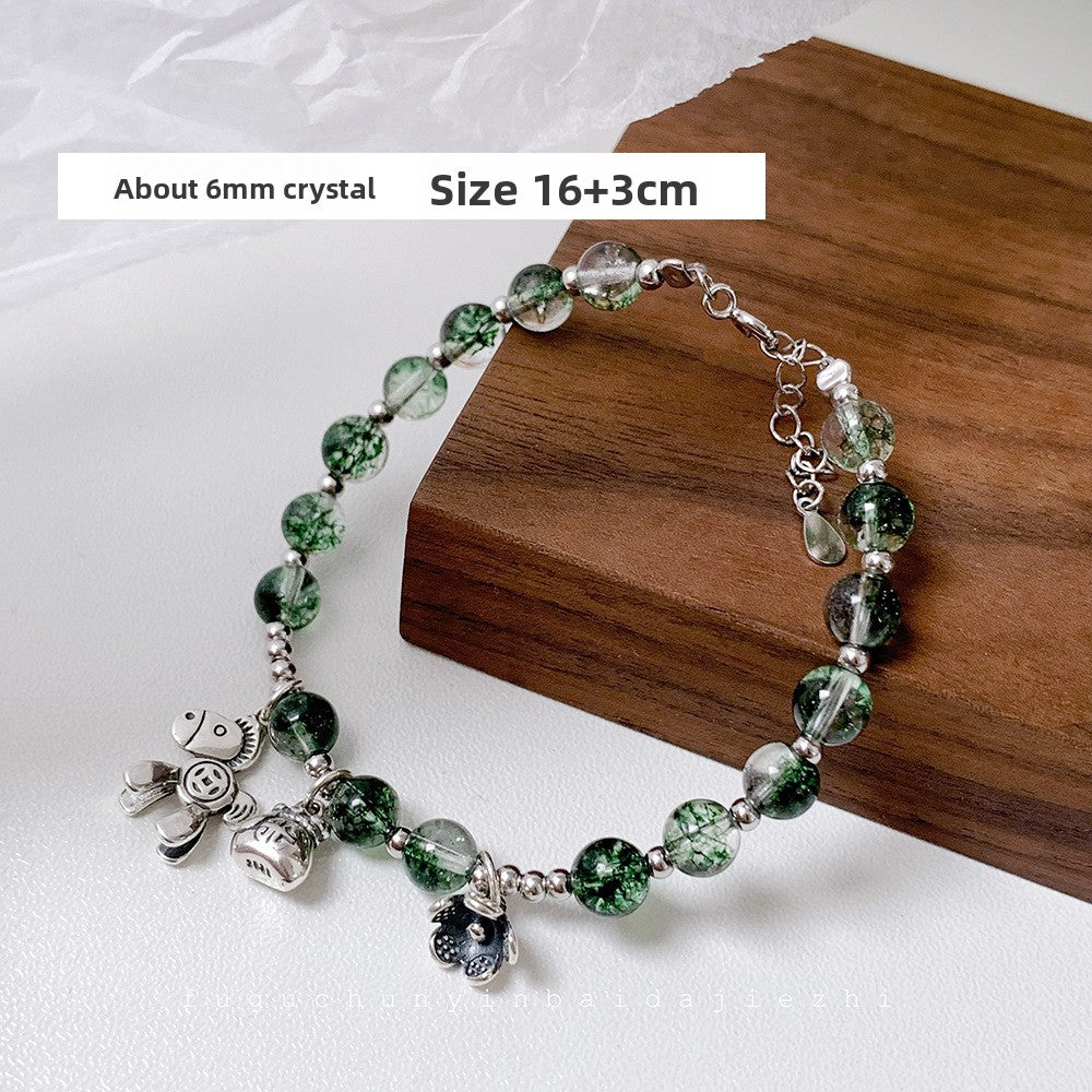 Korean Style Wealth-Attracting Green Phantom Bracelet for Women 925 Sterling Silver Green Crystal Bell Lucky Bead Elegant Bracelet Gift