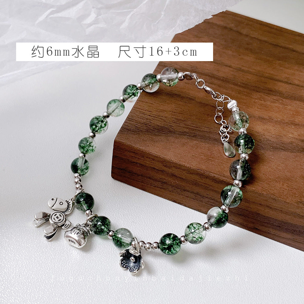 Korean Style Wealth-Attracting Green Phantom Bracelet for Women 925 Sterling Silver Green Crystal Bell Lucky Bead Elegant Bracelet Gift