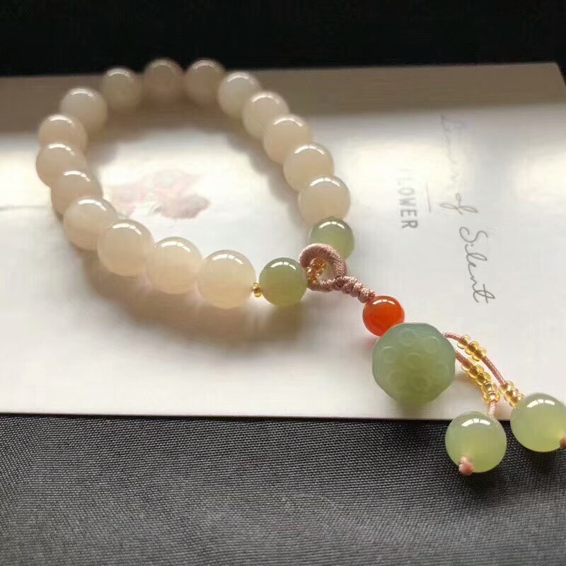 Hetian Jade Lotus Pink Bracelet Light Pink Beaded Bracelet Lotus Seedpod Auspicious Ruyi Women's Style Gift for Girlfriend or Best Friend