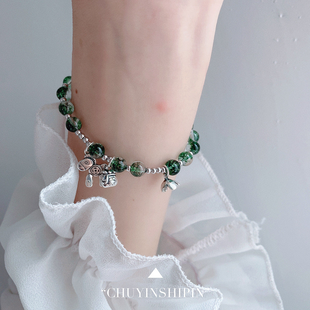 Korean Style Wealth-Attracting Green Phantom Bracelet for Women 925 Sterling Silver Green Crystal Bell Lucky Bead Elegant Bracelet Gift