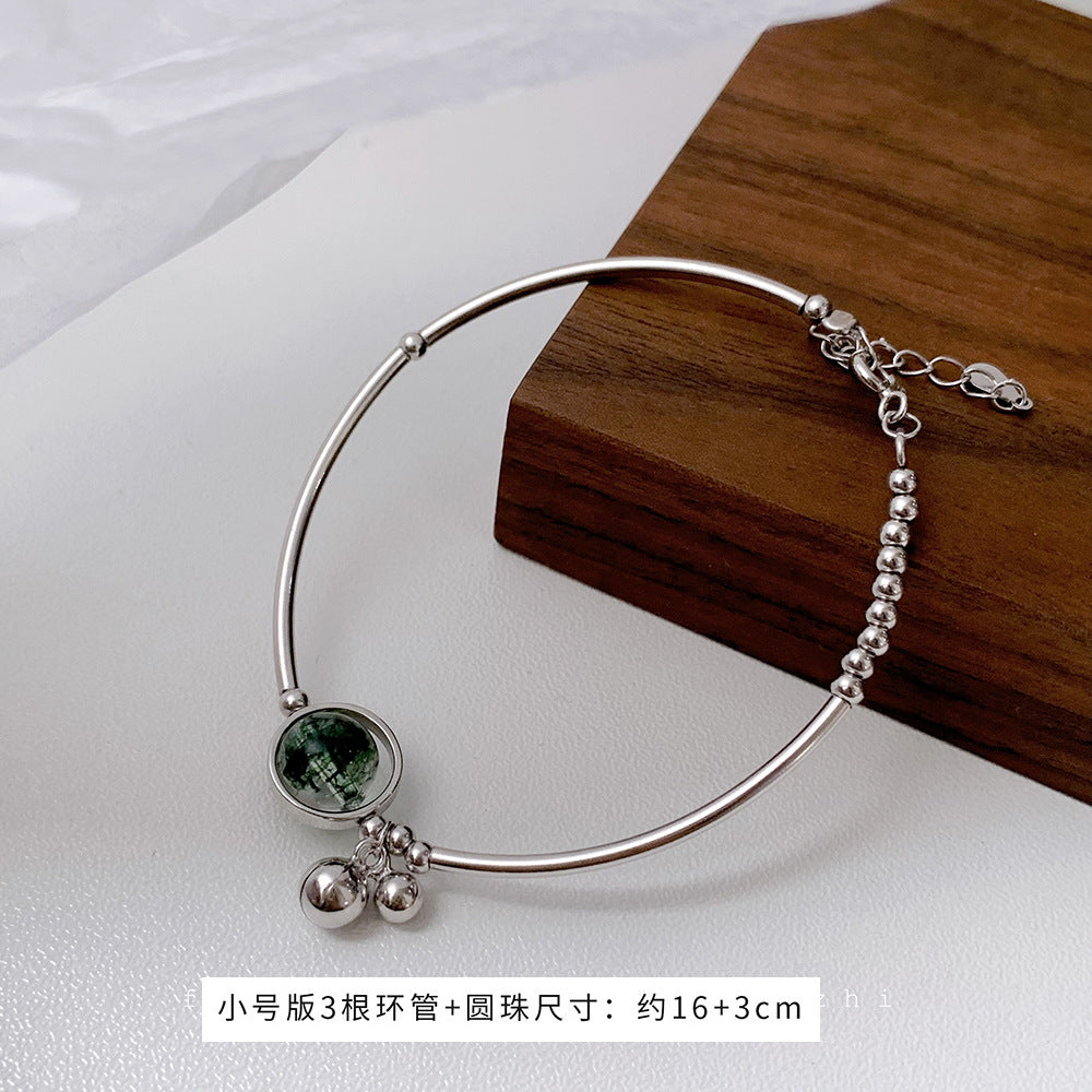Korean Style Wealth-Attracting Green Phantom Bracelet for Women 925 Sterling Silver Green Crystal Bell Lucky Bead Elegant Bracelet Gift