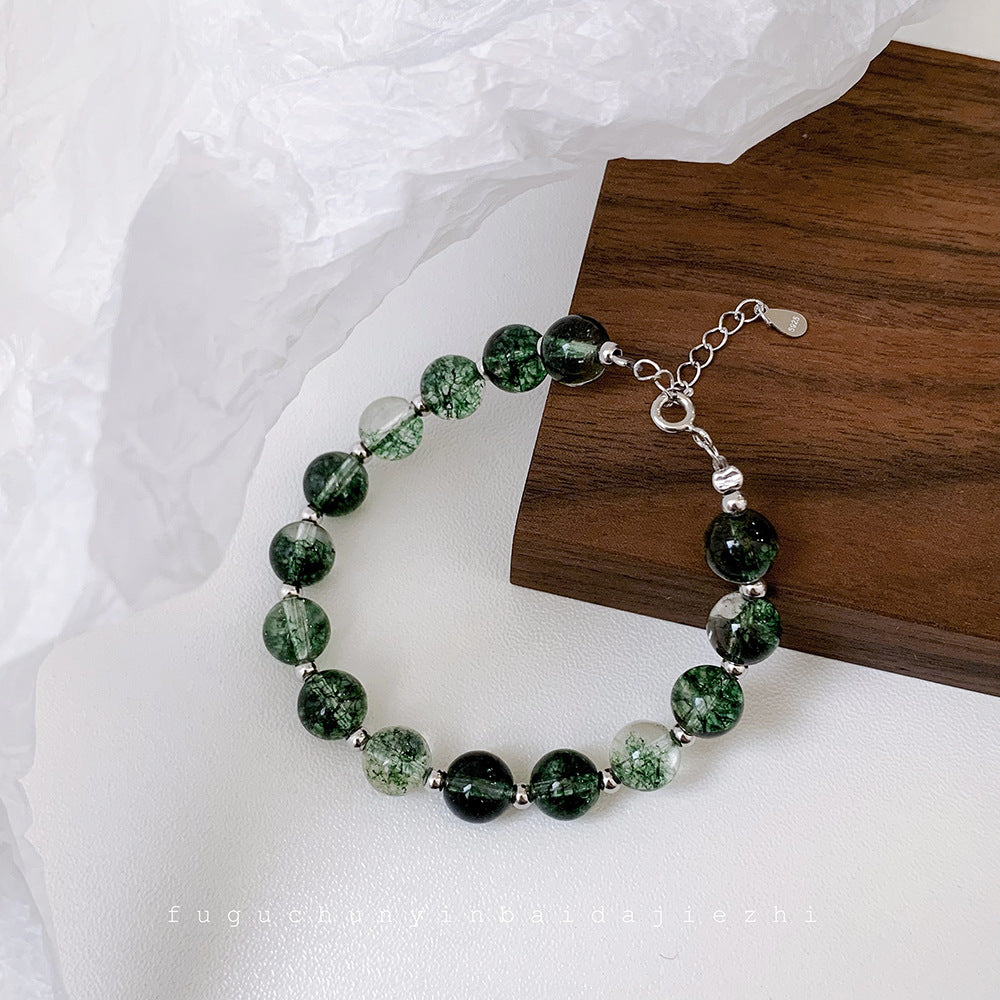 Korean Style Wealth-Attracting Green Phantom Bracelet for Women 925 Sterling Silver Green Crystal Bell Lucky Bead Elegant Bracelet Gift