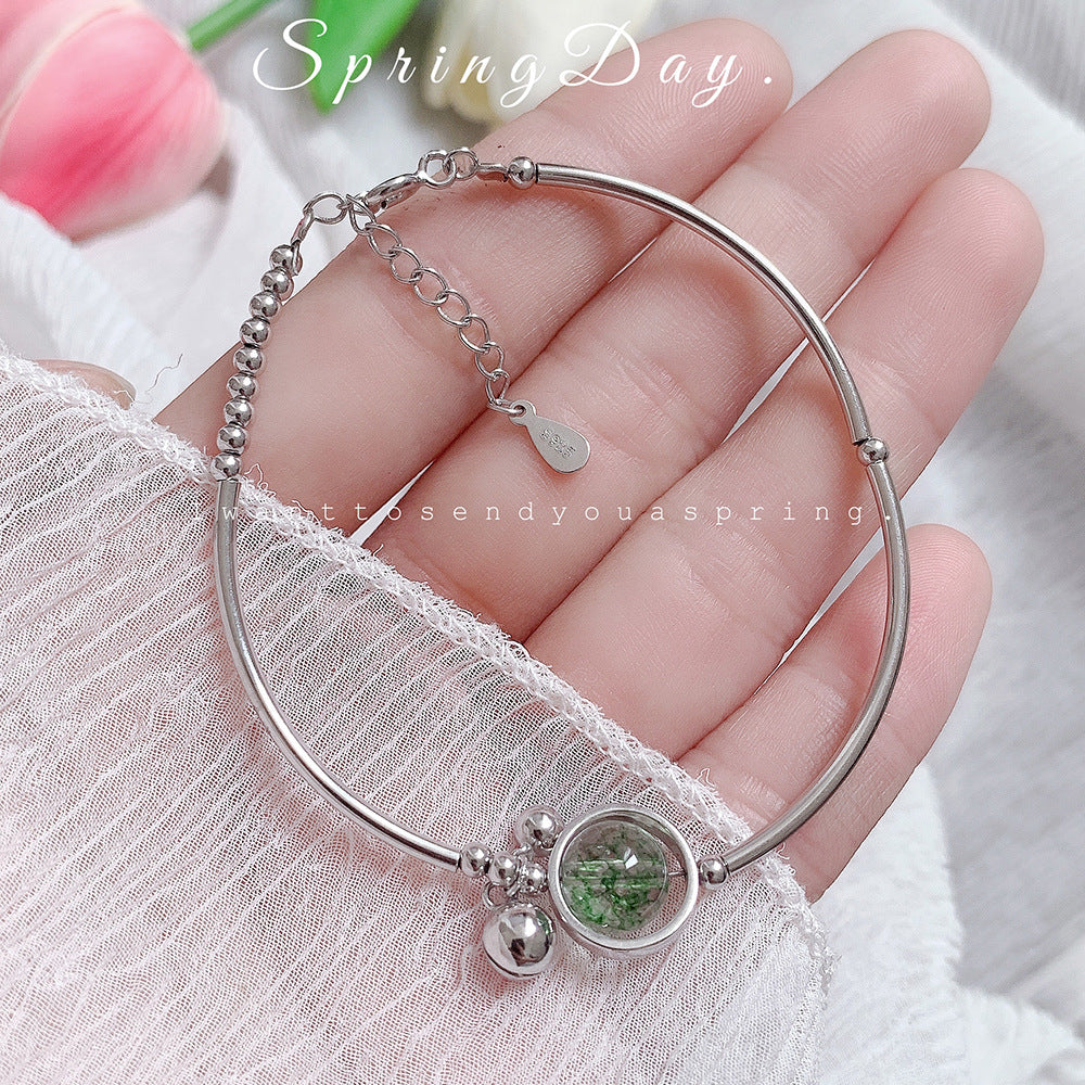 Korean Style Wealth-Attracting Green Phantom Bracelet for Women 925 Sterling Silver Green Crystal Bell Lucky Bead Elegant Bracelet Gift