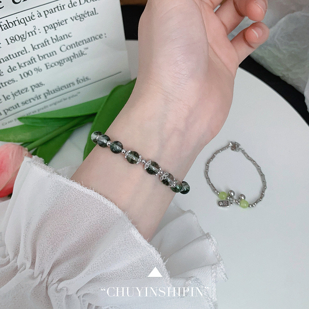 Korean Style Wealth-Attracting Green Phantom Bracelet for Women 925 Sterling Silver Green Crystal Bell Lucky Bead Elegant Bracelet Gift