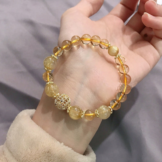 Little Overlord Golden Rutilated Quartz Bracelet for Women, Niche Design, Elegant Crystal Bead Bracelet, Gift, Hand Jewelry