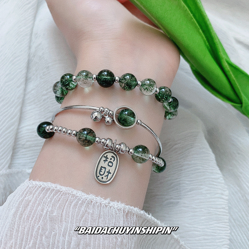 Korean Style Wealth-Attracting Green Phantom Bracelet for Women 925 Sterling Silver Green Crystal Bell Lucky Bead Elegant Bracelet Gift