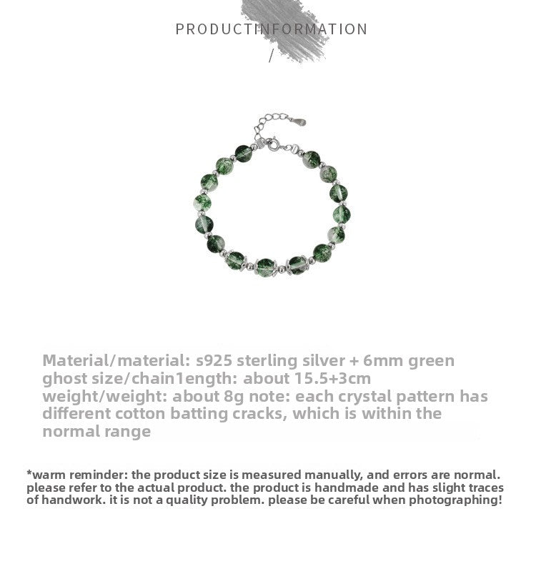 Korean Style Wealth-Attracting Green Phantom Bracelet for Women 925 Sterling Silver Green Crystal Bell Lucky Bead Elegant Bracelet Gift