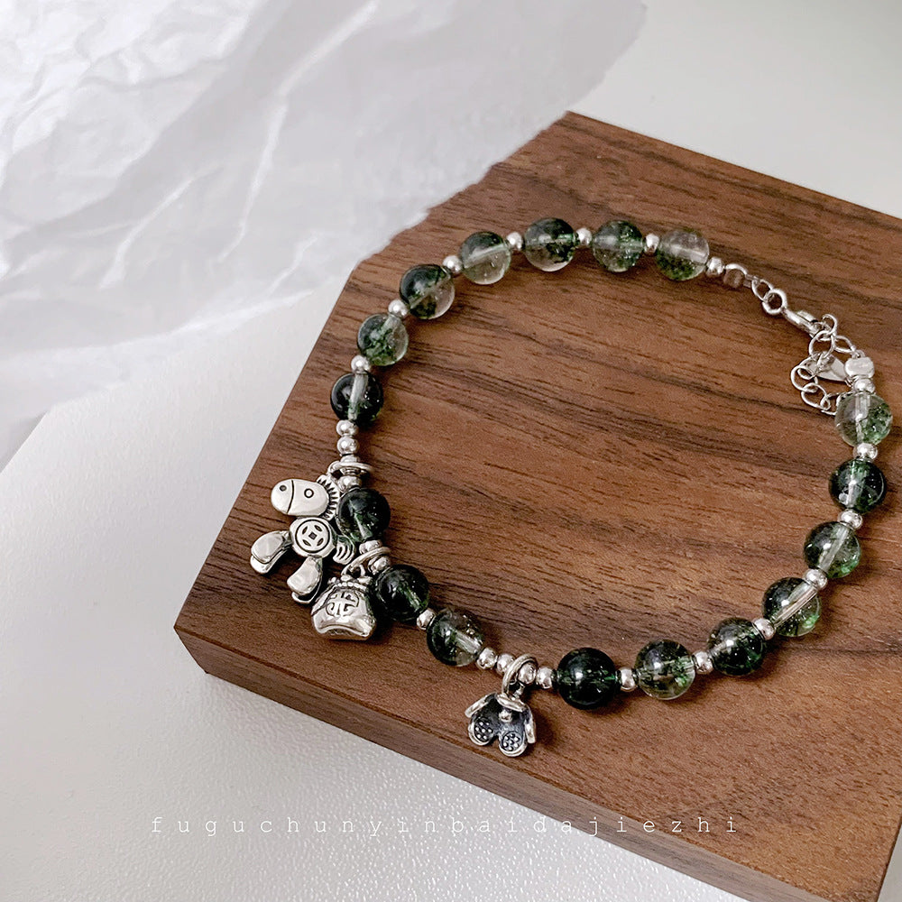 Korean Style Wealth-Attracting Green Phantom Bracelet for Women 925 Sterling Silver Green Crystal Bell Lucky Bead Elegant Bracelet Gift